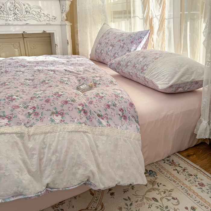 91家纺网 家纺一手货源 找家纺 温眠家纺 2025新款ins风小清新镂空花边水洗云朵棉四件套-风格一 美玲说