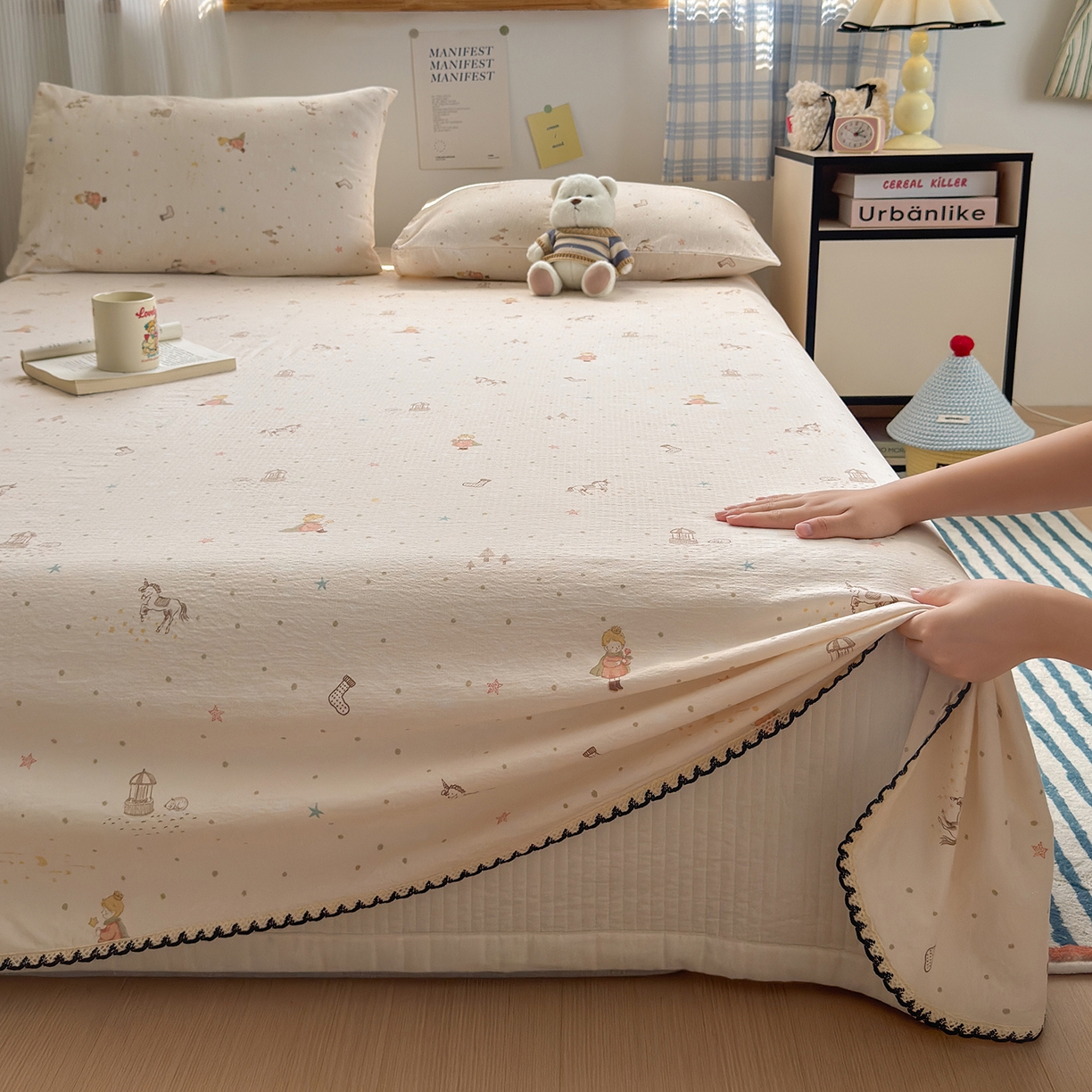 91家纺网 家纺一手货源 找家纺 沐芷 2026 【提供买家秀】双层纱A类黑色小花边单床单/床单三件套 被单 小王子