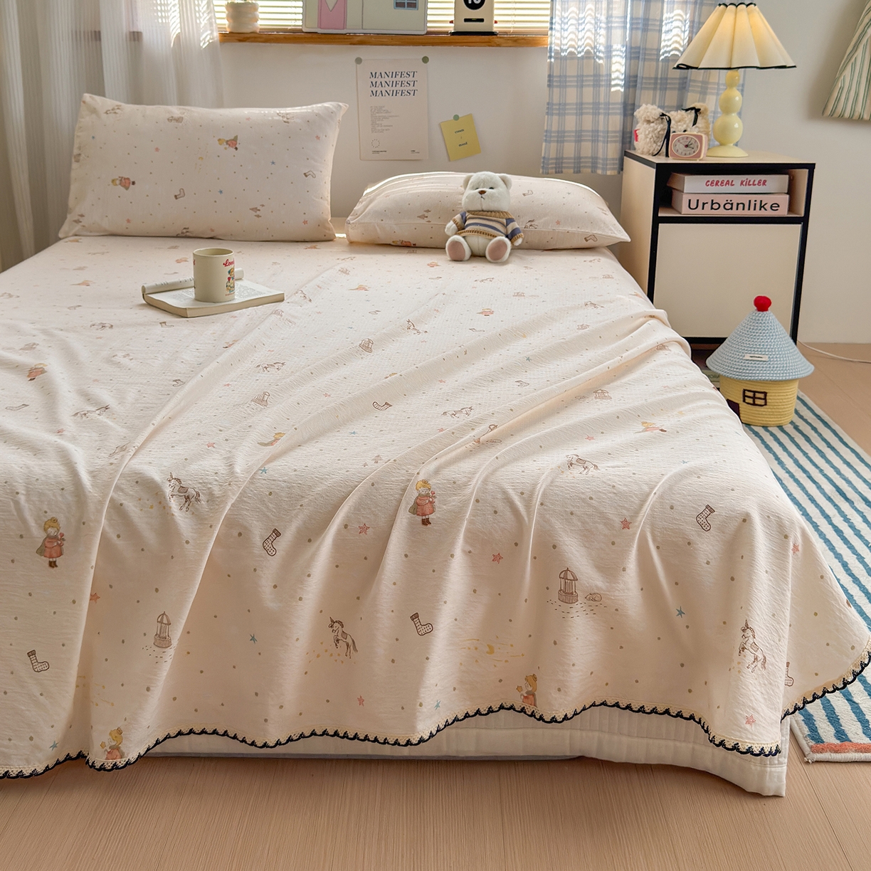 91家纺网 家纺一手货源 找家纺 沐芷 2026 【提供买家秀】双层纱A类黑色小花边单床单/床单三件套 被单 小王子