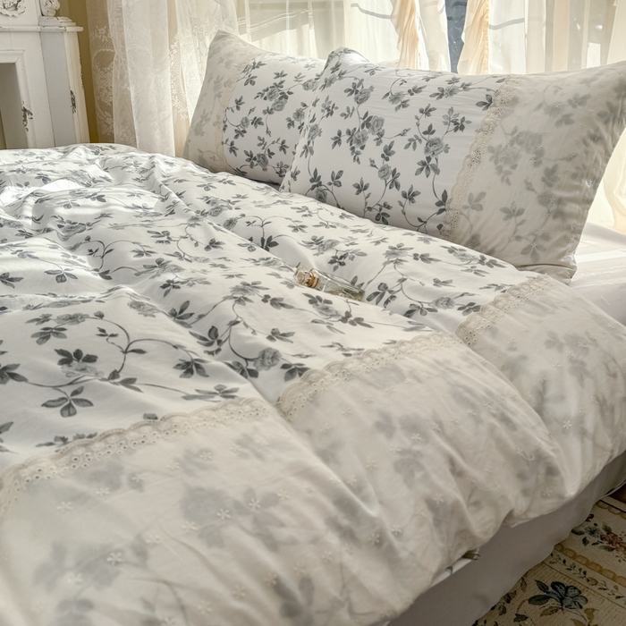 91家纺网 家纺一手货源 找家纺 温眠家纺 2025新款ins风小清新镂空花边水洗云朵棉四件套-风格一 莫奈花园