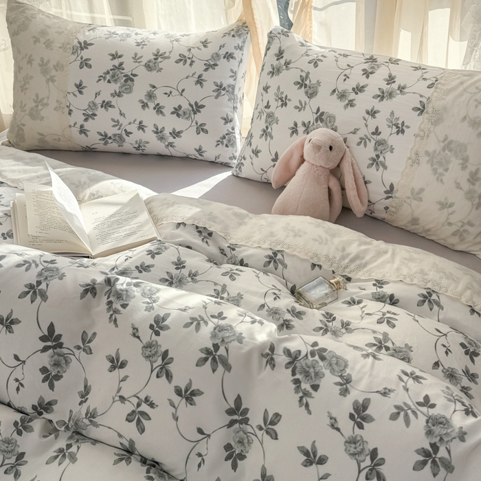 91家纺网 家纺一手货源 找家纺 温眠家纺 2025新款ins风小清新镂空花边水洗云朵棉四件套-风格一 莫奈花园