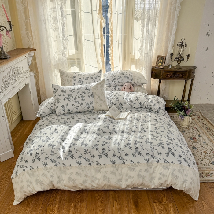 91家纺网 家纺一手货源 找家纺 温眠家纺 2025新款ins风小清新镂空花边水洗云朵棉四件套-风格一 莫奈花园