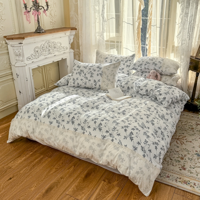 91家纺网 家纺一手货源 找家纺 温眠家纺 2025新款ins风小清新镂空花边水洗云朵棉四件套-风格一 莫奈花园