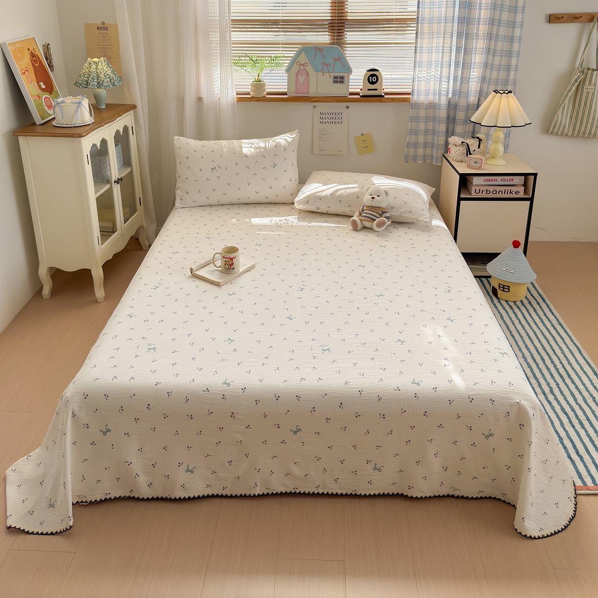 91家纺网 家纺一手货源 找家纺 沐芷 2026 【提供买家秀】双层纱A类黑色小花边单床单/床单三件套 被单 樱桃结