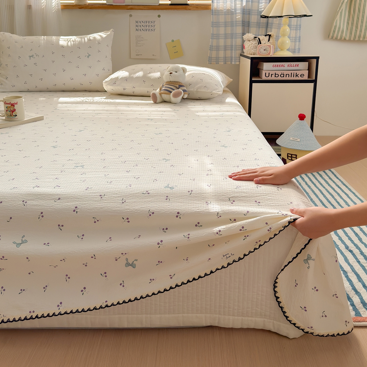 91家纺网 家纺一手货源 找家纺 沐芷 2026 【提供买家秀】双层纱A类黑色小花边单床单/床单三件套 被单 樱桃结