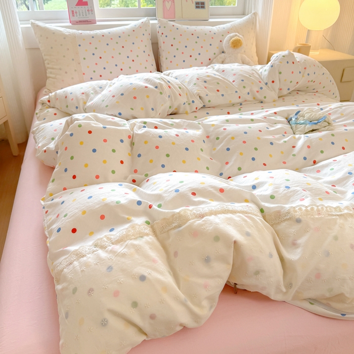 温眠家纺 2025新款ins风小清新镂空花边水洗云朵棉四件套-风格一 奶油波点