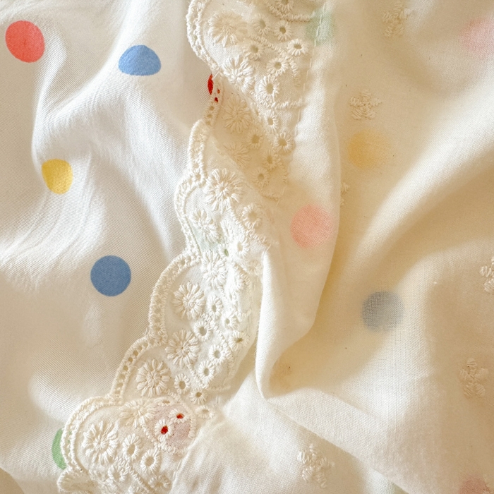 91家纺网 家纺一手货源 找家纺 温眠家纺 2025新款ins风小清新镂空花边水洗云朵棉四件套-风格一 奶油波点