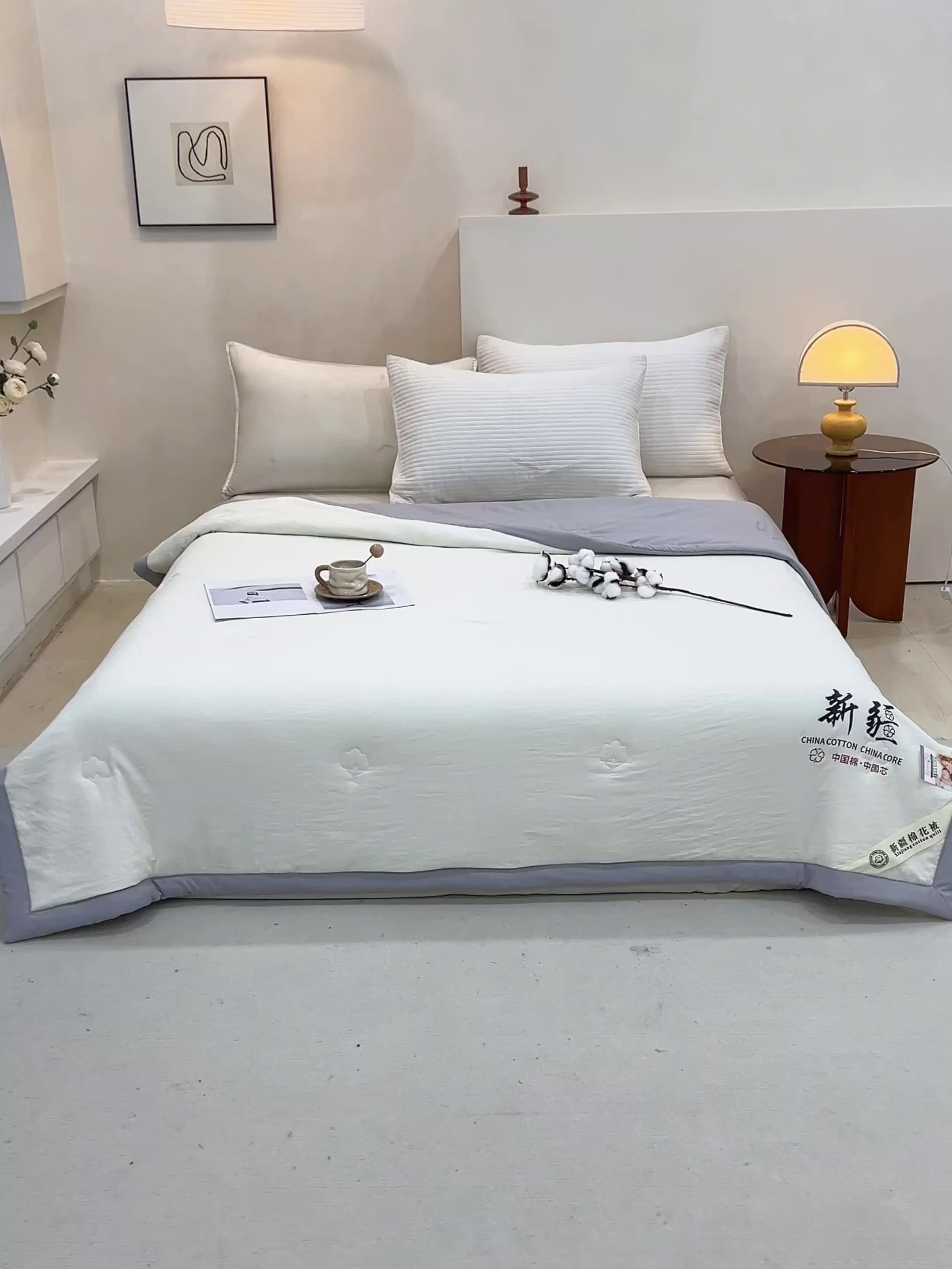 91家纺网 家纺一手货源 找家纺 温眠家纺 2025新款水洗棉新疆棉花被 【白灰】双拼色