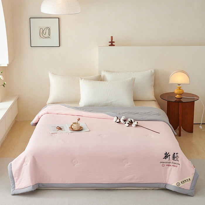 91家纺网 家纺一手货源 找家纺 温眠家纺 2025新款水洗棉新疆棉花被 【粉灰】双拼色