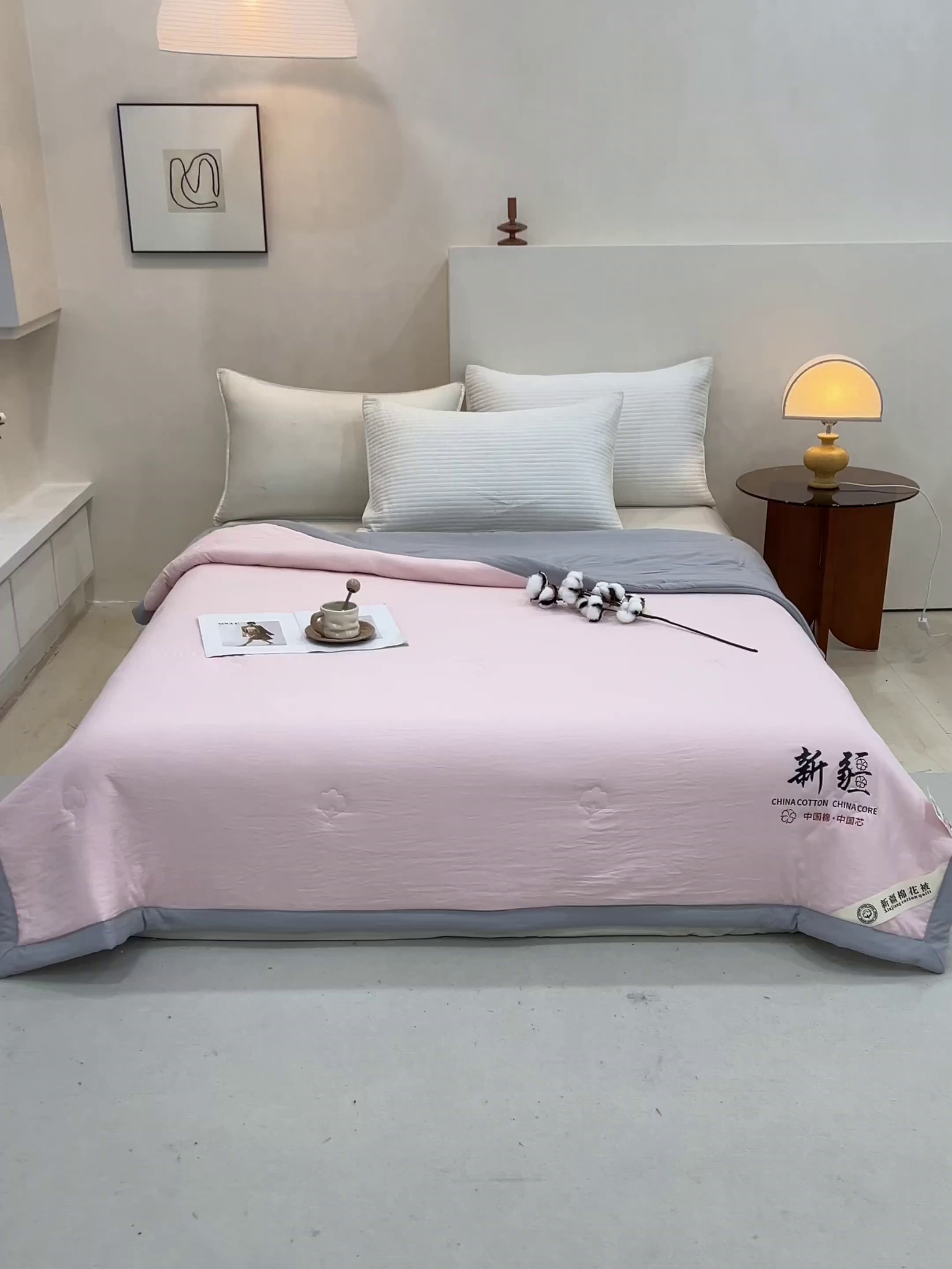 91家纺网 家纺一手货源 找家纺 温眠家纺 2025新款水洗棉新疆棉花被 【粉灰】双拼色