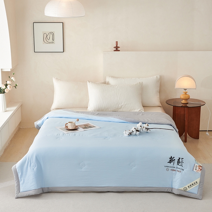 91家纺网 家纺一手货源 找家纺 温眠家纺 2025新款水洗棉新疆棉花被 【蓝灰】双拼色