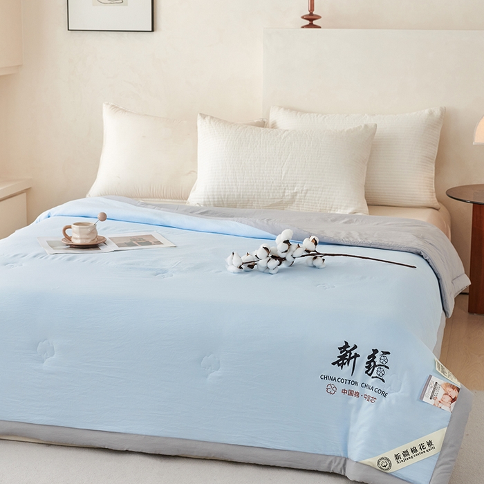 91家纺网 家纺一手货源 找家纺 温眠家纺 2025新款水洗棉新疆棉花被 【蓝灰】双拼色