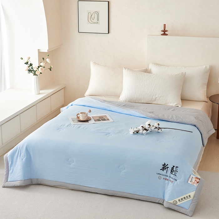 91家纺网 家纺一手货源 找家纺 温眠家纺 2025新款水洗棉新疆棉花被 【蓝灰】双拼色