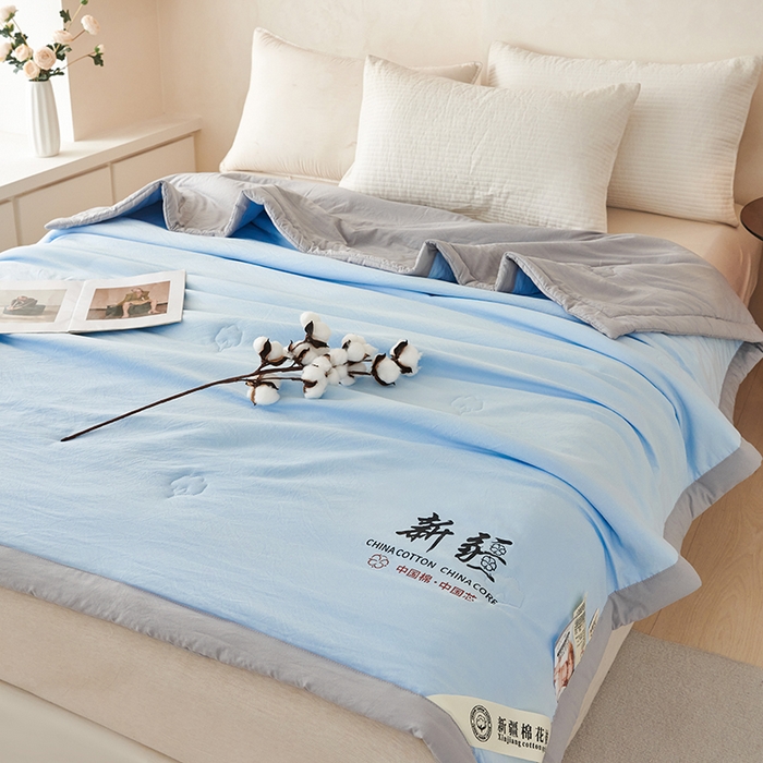 91家纺网 家纺一手货源 找家纺 温眠家纺 2025新款水洗棉新疆棉花被 【蓝灰】双拼色