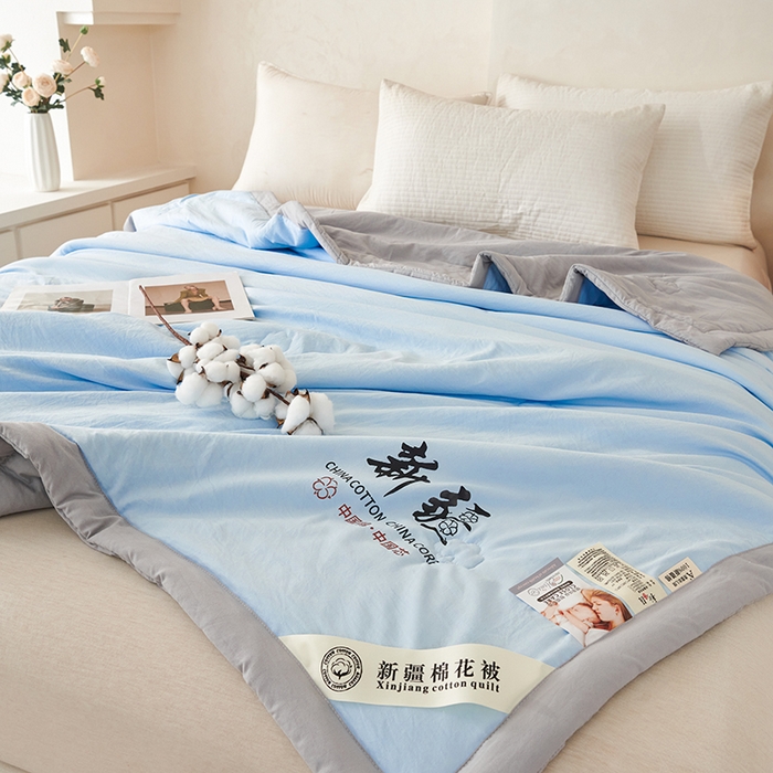 91家纺网 家纺一手货源 找家纺 温眠家纺 2025新款水洗棉新疆棉花被 【蓝灰】双拼色