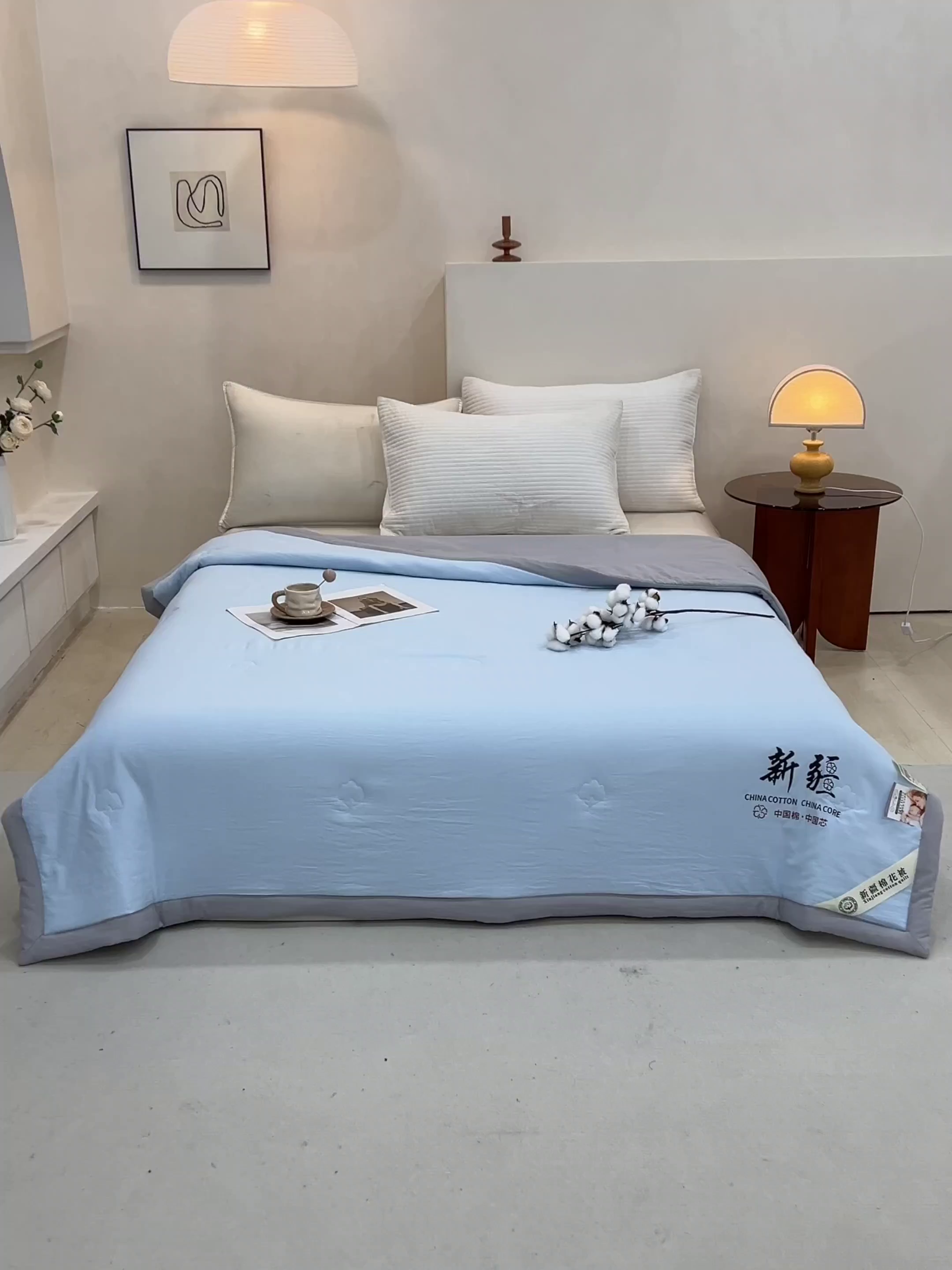91家纺网 家纺一手货源 找家纺 温眠家纺 2025新款水洗棉新疆棉花被 【蓝灰】双拼色