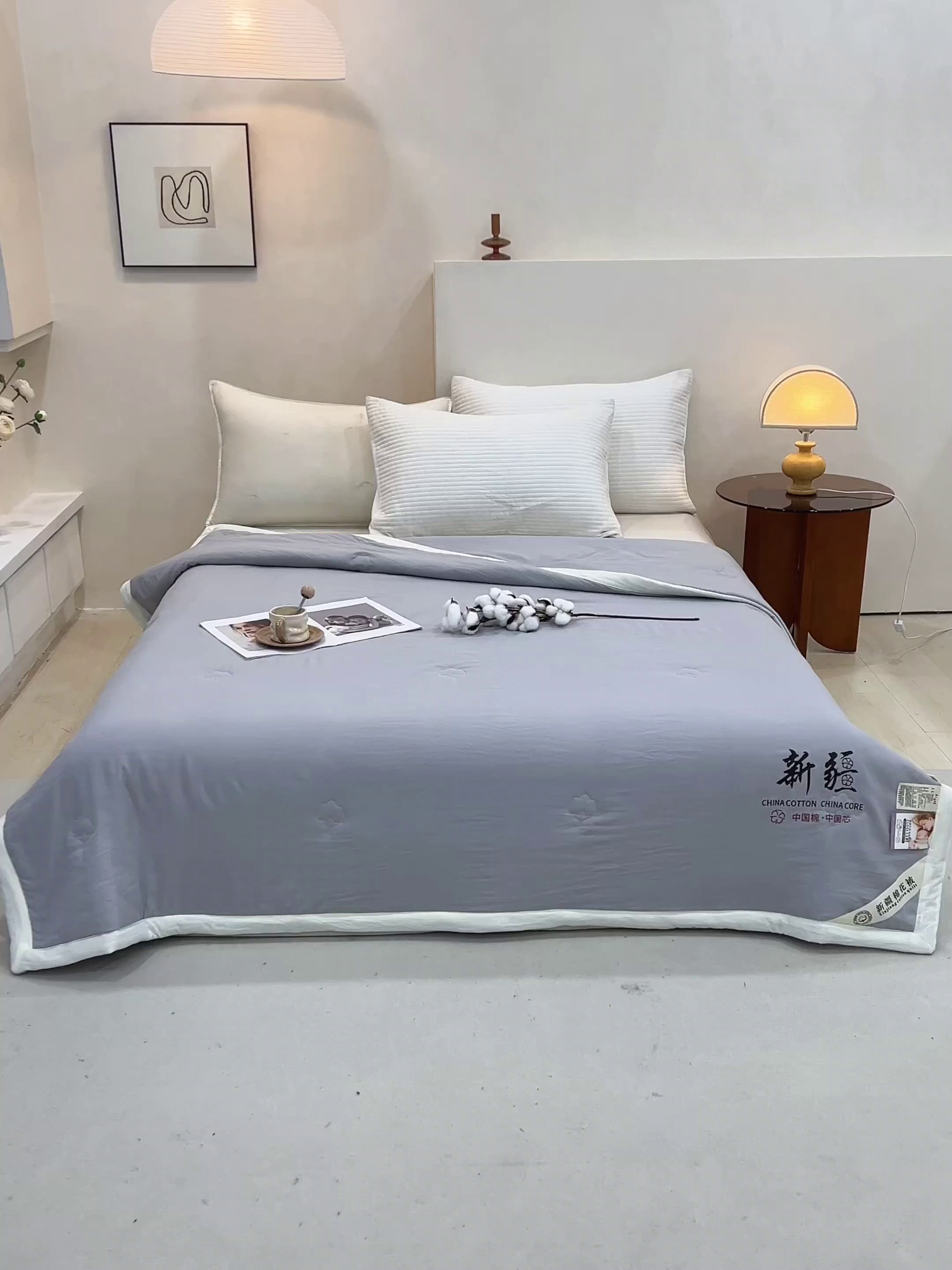 91家纺网 家纺一手货源 找家纺 温眠家纺 2025新款水洗棉新疆棉花被 双面灰
