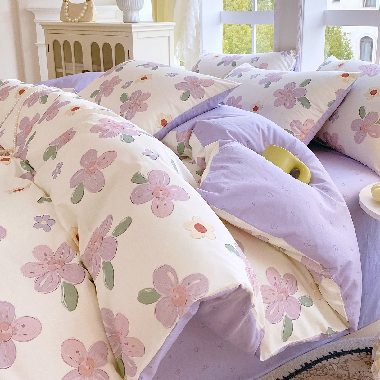 91家纺网 家纺一手货源 找家纺 小懒猪 2026新款北欧风高支高密全棉纯棉四件套（提供买家秀） 淡紫花屹