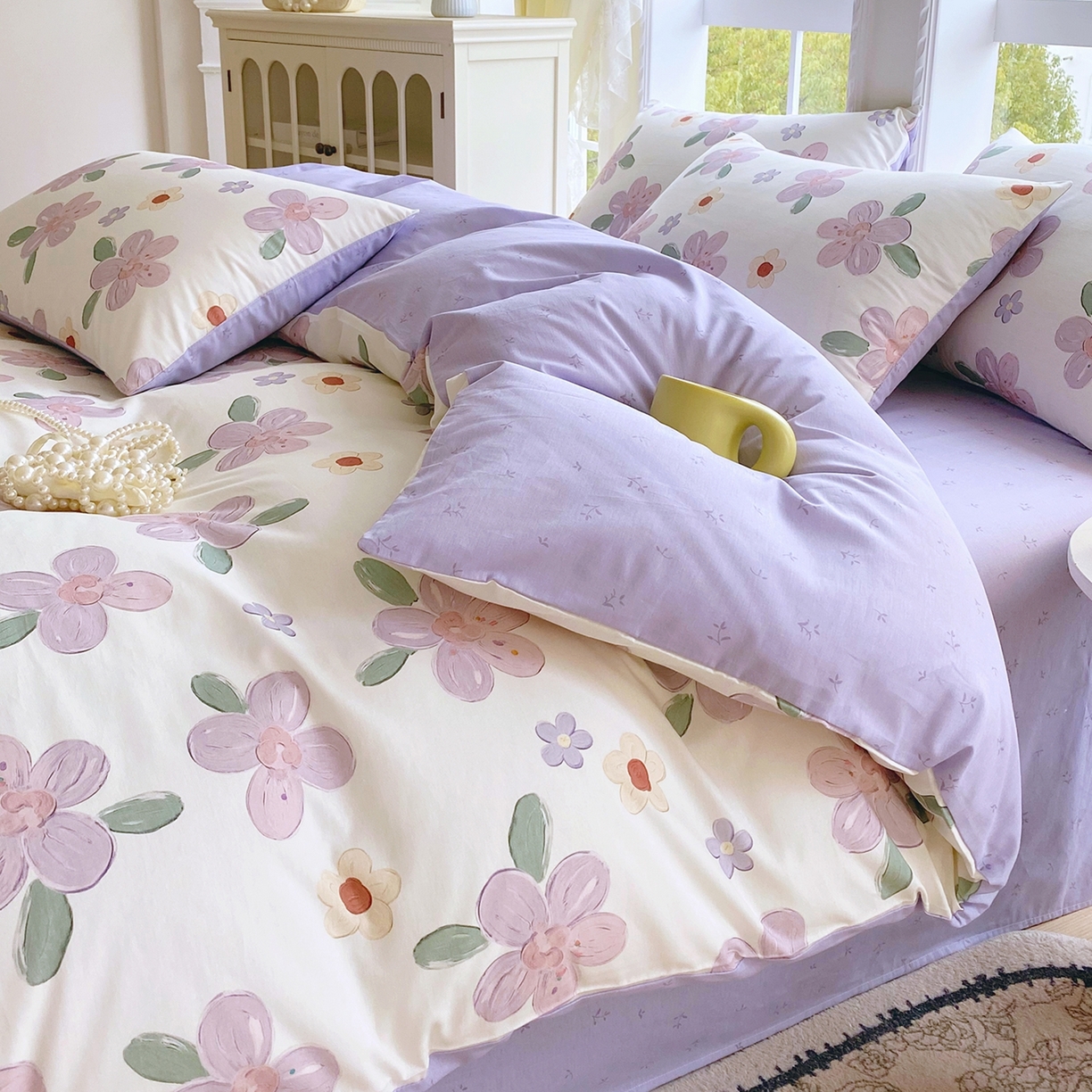 91家纺网 家纺一手货源 找家纺 小懒猪 2026新款北欧风高支高密全棉纯棉四件套（提供买家秀） 淡紫花屹