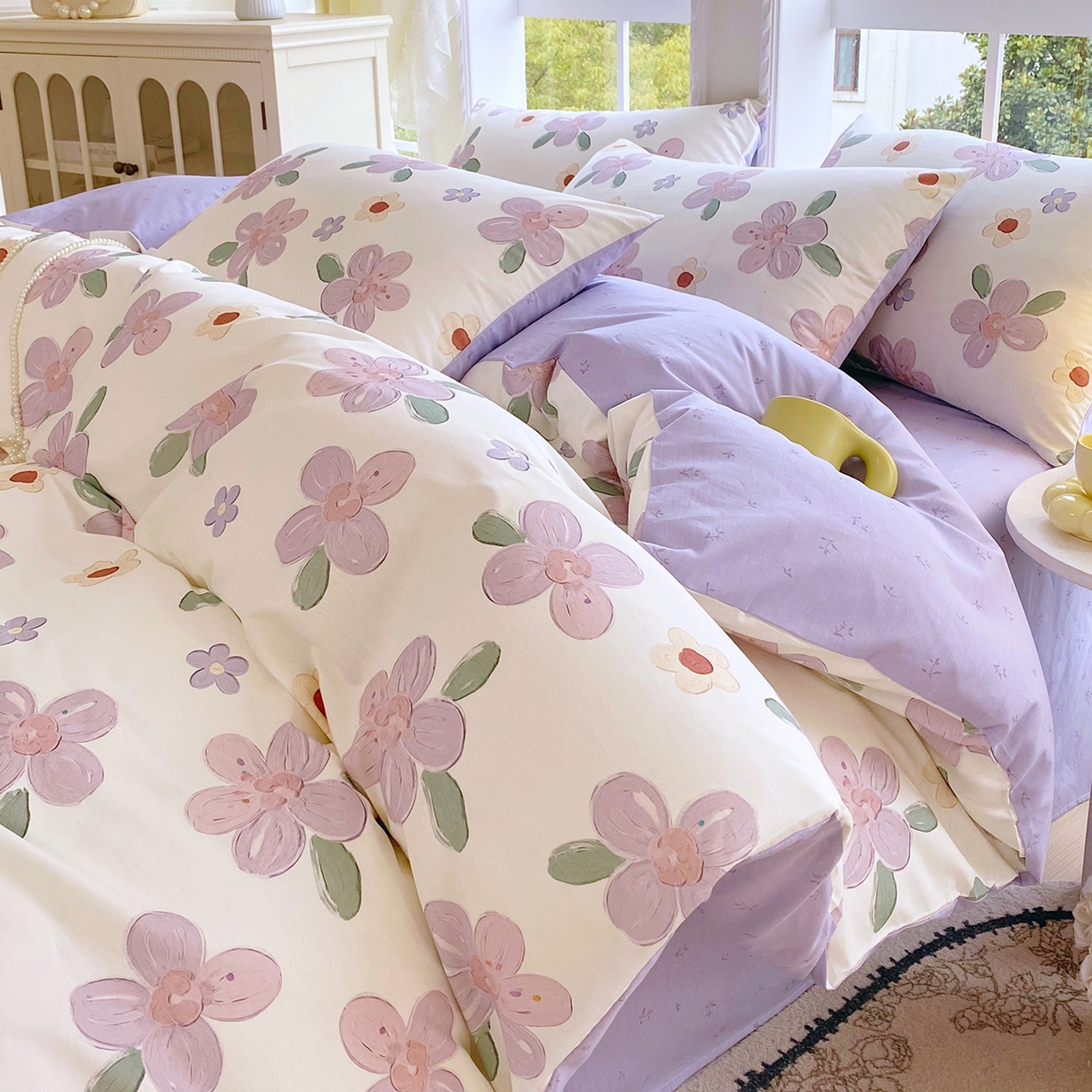 91家纺网 家纺一手货源 找家纺 小懒猪 2026新款北欧风高支高密全棉纯棉四件套（提供买家秀） 淡紫花屹