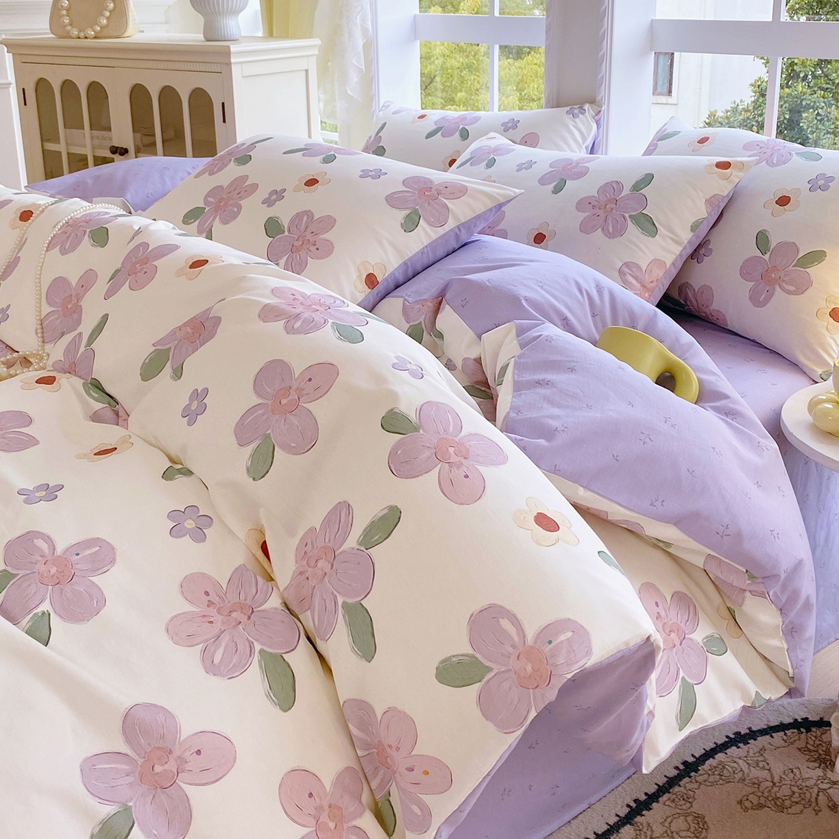 91家纺网 家纺一手货源 找家纺 小懒猪 2026新款北欧风高支高密全棉纯棉四件套（提供买家秀） 淡紫花屹