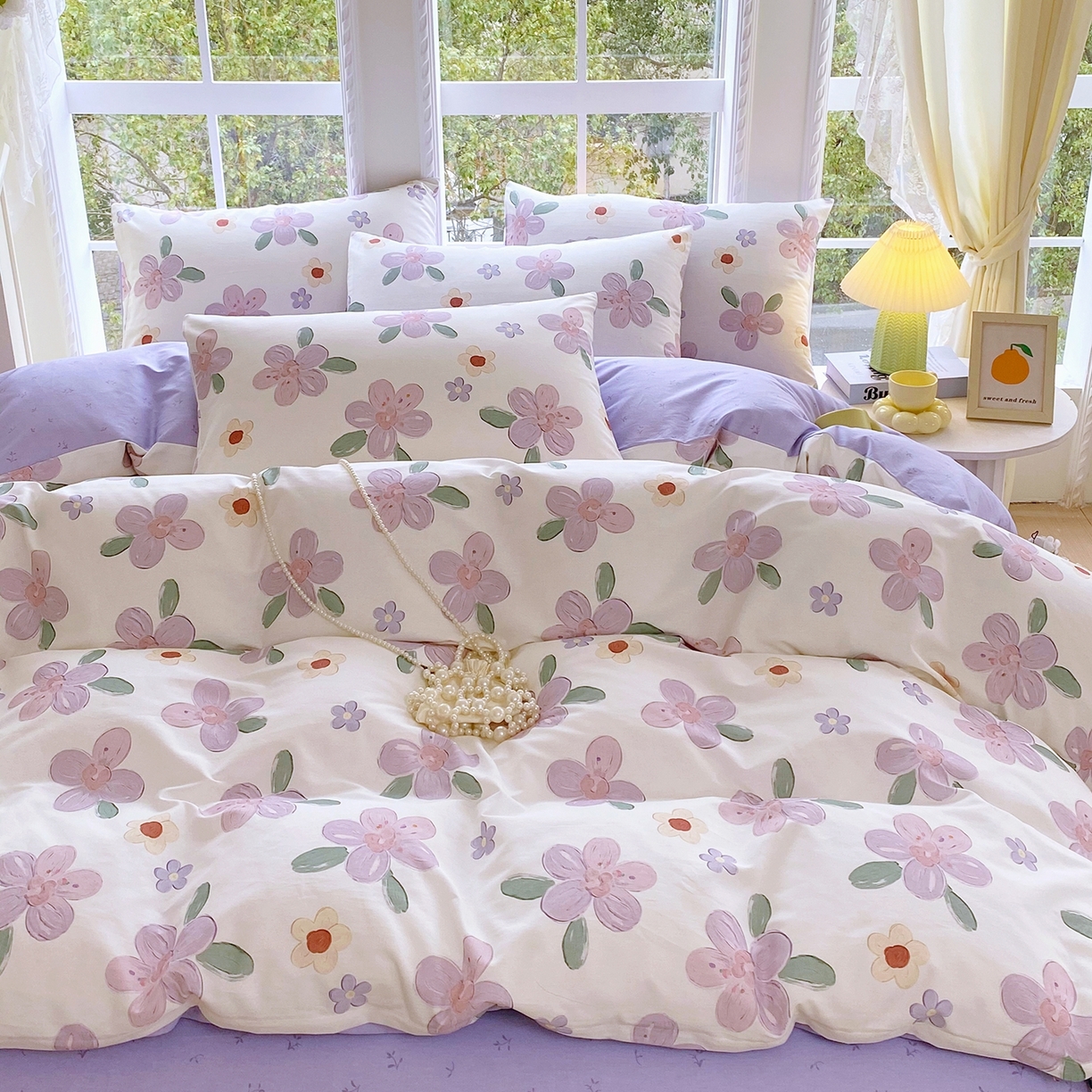 91家纺网 家纺一手货源 找家纺 小懒猪 2026新款北欧风高支高密全棉纯棉四件套（提供买家秀） 淡紫花屹