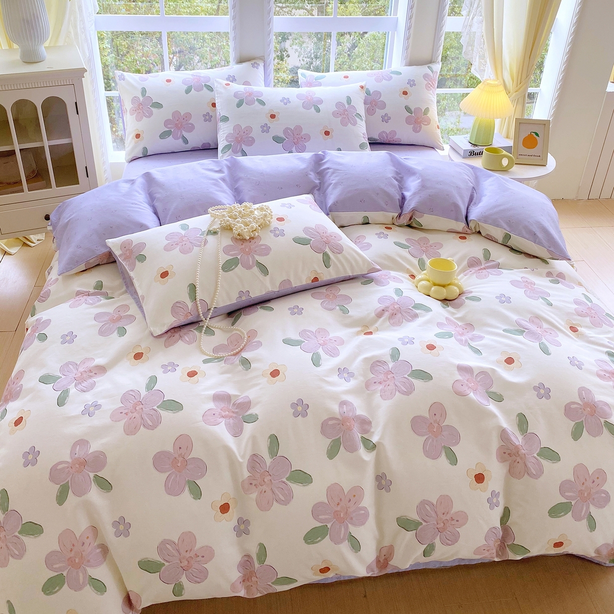 91家纺网 家纺一手货源 找家纺 小懒猪 2026新款北欧风高支高密全棉纯棉四件套（提供买家秀） 淡紫花屹