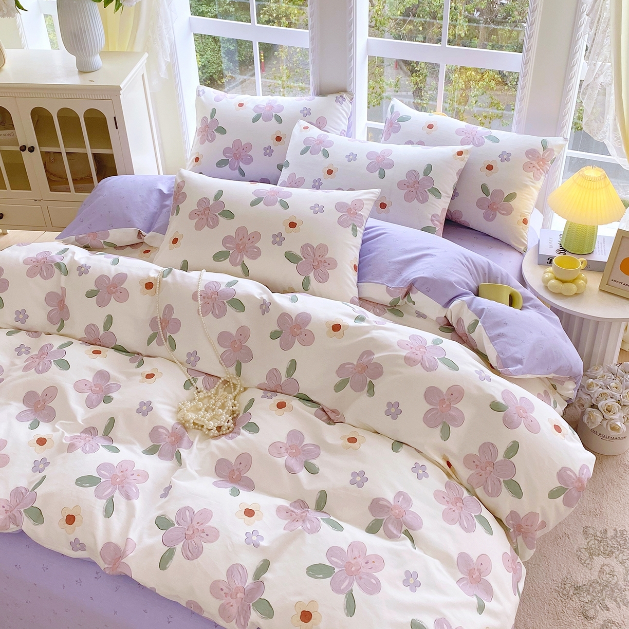 91家纺网 家纺一手货源 找家纺 小懒猪 2026新款北欧风高支高密全棉纯棉四件套（提供买家秀） 淡紫花屹