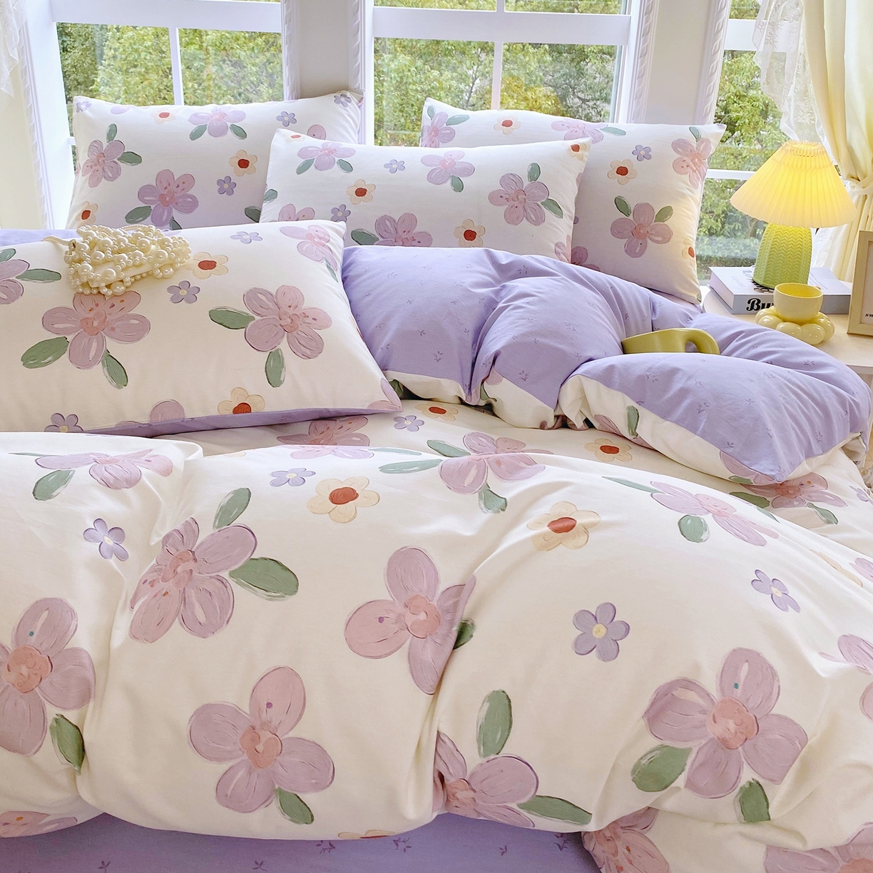 91家纺网 家纺一手货源 找家纺 小懒猪 2026新款北欧风高支高密全棉纯棉四件套（提供买家秀） 淡紫花屹