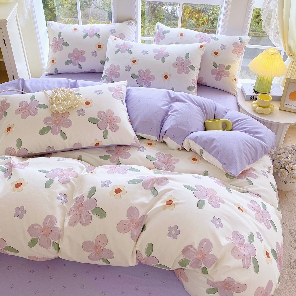 91家纺网 家纺一手货源 找家纺 小懒猪 2026新款北欧风高支高密全棉纯棉四件套（提供买家秀） 淡紫花屹