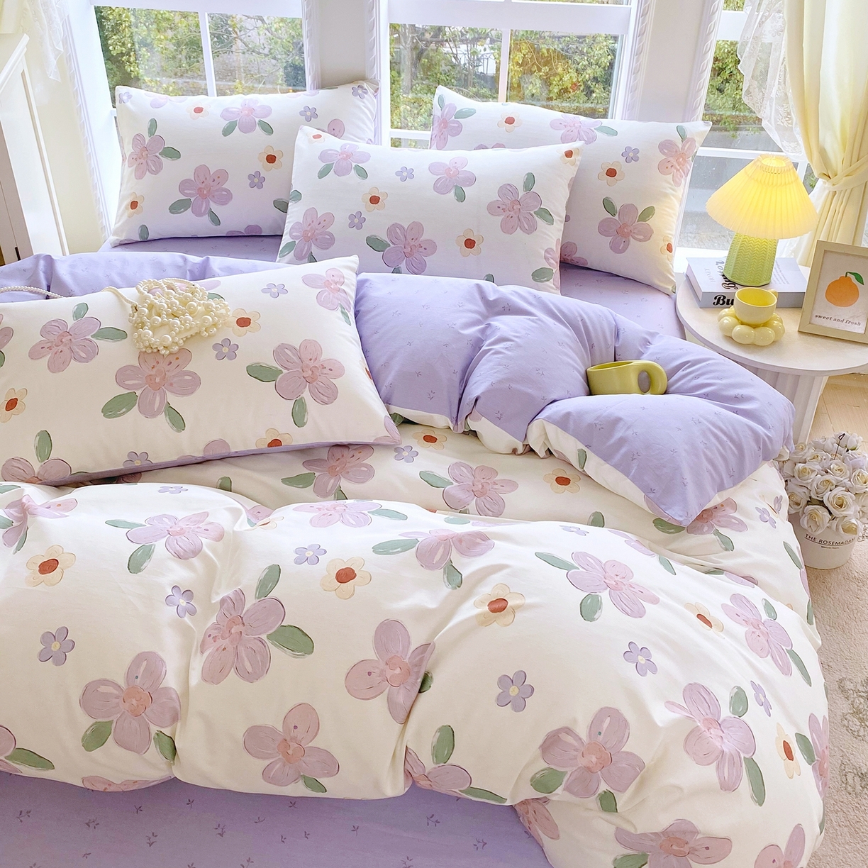 91家纺网 家纺一手货源 找家纺 小懒猪 2026新款北欧风高支高密全棉纯棉四件套（提供买家秀） 淡紫花屹