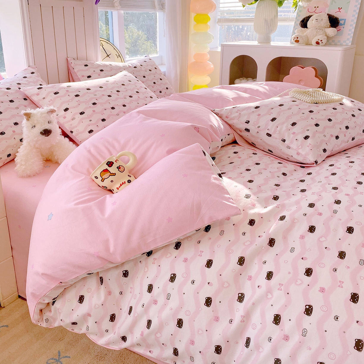 91家纺网 家纺一手货源 找家纺 小懒猪 2026新款北欧风高支高密全棉纯棉四件套（提供买家秀） 粉喵甜梦