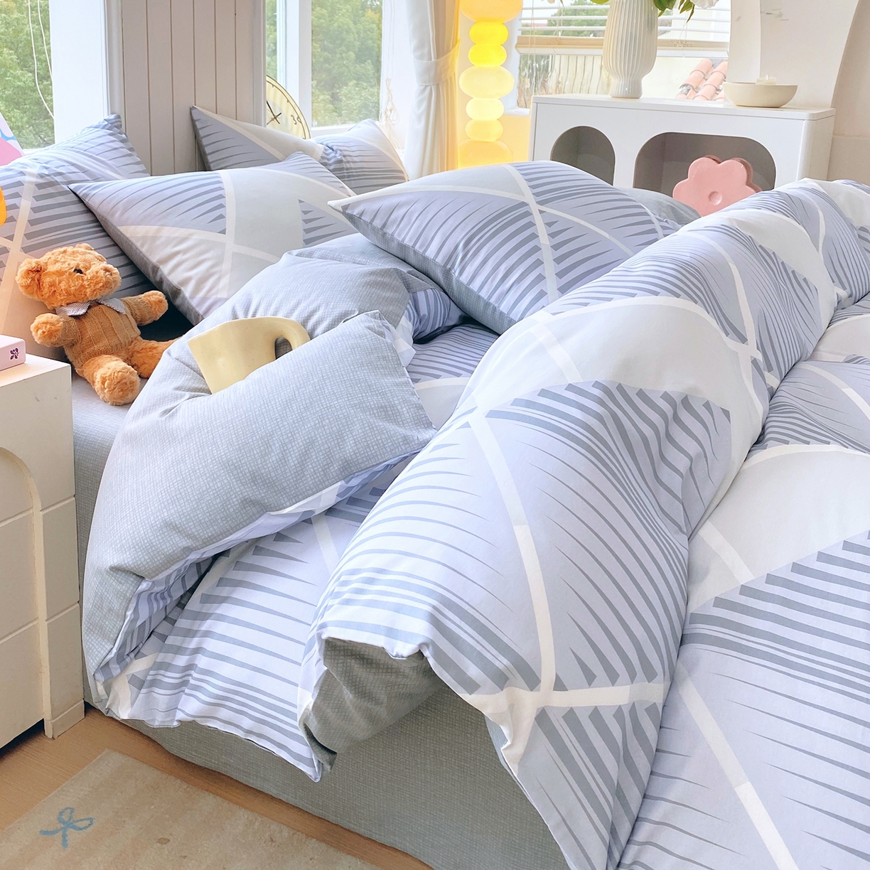 91家纺网 家纺一手货源 找家纺 小懒猪 2026新款北欧风高支高密全棉纯棉四件套（提供买家秀） 蓝灰格序