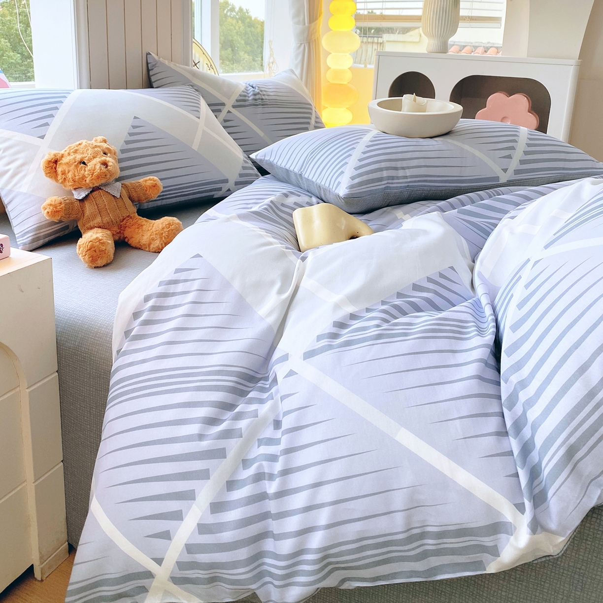 91家纺网 家纺一手货源 找家纺 小懒猪 2026新款北欧风高支高密全棉纯棉四件套（提供买家秀） 蓝灰格序