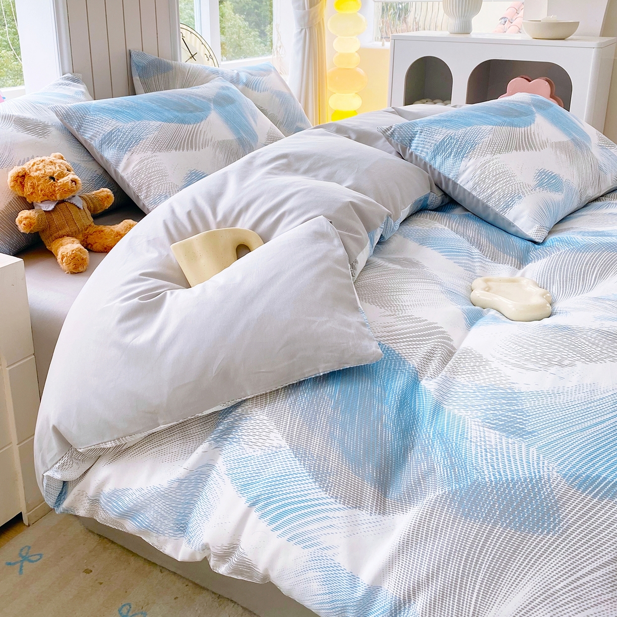 91家纺网 家纺一手货源 找家纺 小懒猪 2026新款北欧风高支高密全棉纯棉四件套（提供买家秀） 蓝絮银织