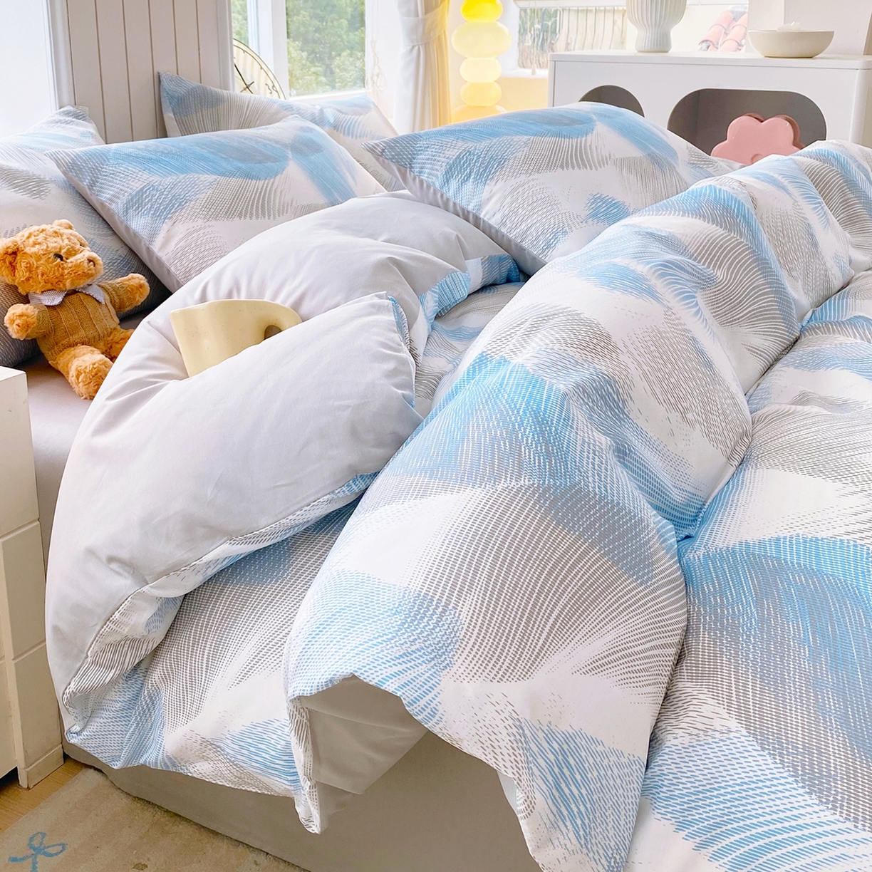 91家纺网 家纺一手货源 找家纺 小懒猪 2026新款北欧风高支高密全棉纯棉四件套（提供买家秀） 蓝絮银织