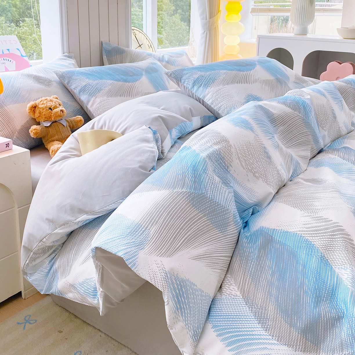91家纺网 家纺一手货源 找家纺 小懒猪 2026新款北欧风高支高密全棉纯棉四件套（提供买家秀） 蓝絮银织