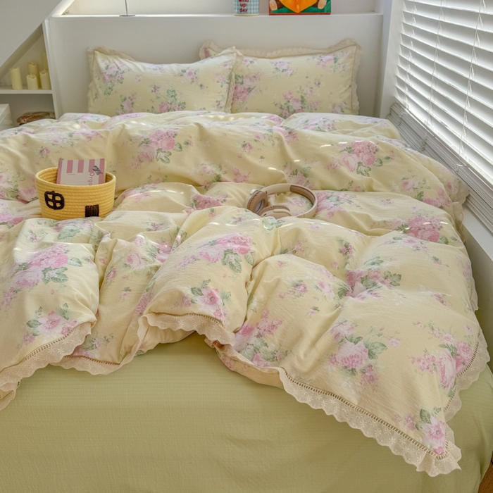 91家纺网 家纺一手货源 找家纺 温眠家纺 2025直播新款云感双层纱镂空花边四件套 安娜