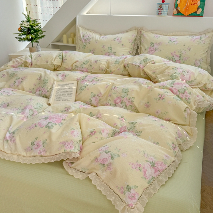 91家纺网 家纺一手货源 找家纺 温眠家纺 2025直播新款云感双层纱镂空花边四件套 安娜