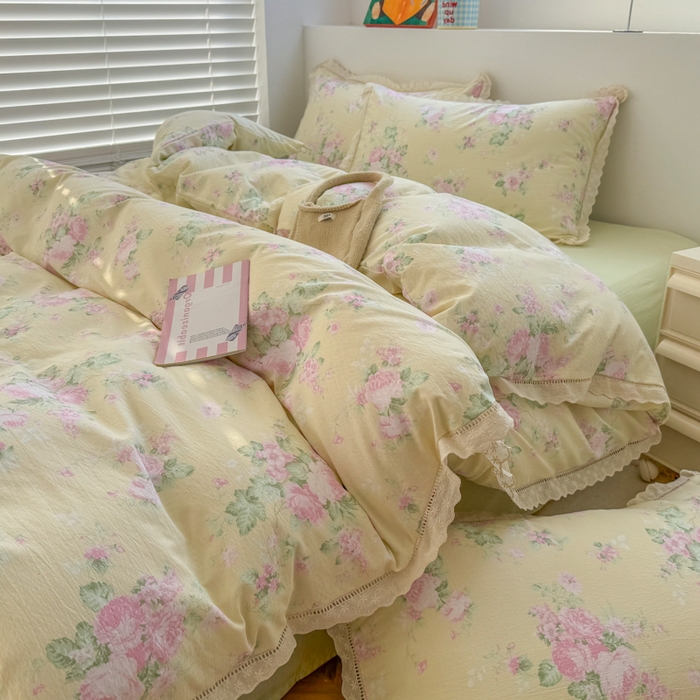 91家纺网 家纺一手货源 找家纺 温眠家纺 2025直播新款云感双层纱镂空花边四件套 安娜