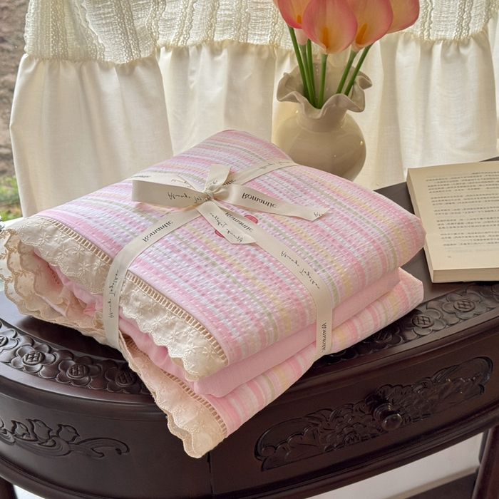 91家纺网 家纺一手货源 找家纺 温眠家纺 2025直播新款云感双层纱镂空花边四件套 蝴蝶结