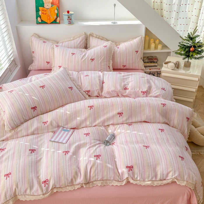 91家纺网 家纺一手货源 找家纺 温眠家纺 2025直播新款云感双层纱镂空花边四件套 蝴蝶结