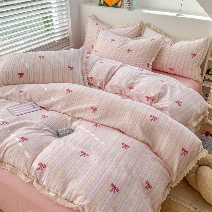 91家纺网 家纺一手货源 找家纺 温眠家纺 2025直播新款云感双层纱镂空花边四件套 蝴蝶结