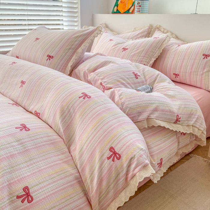 91家纺网 家纺一手货源 找家纺 温眠家纺 2025直播新款云感双层纱镂空花边四件套 蝴蝶结