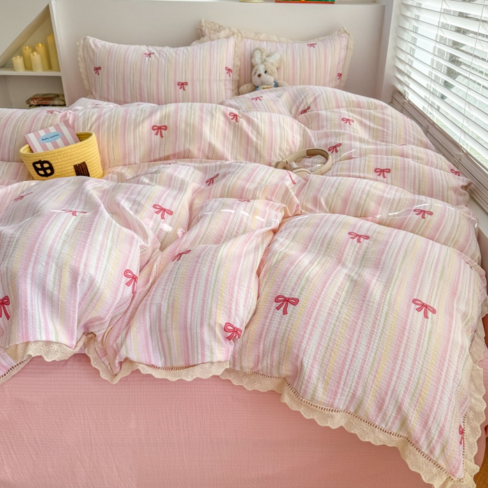 91家纺网 家纺一手货源 找家纺 温眠家纺 2025直播新款云感双层纱镂空花边四件套 蝴蝶结