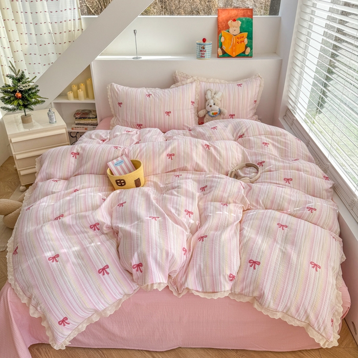 91家纺网 家纺一手货源 找家纺 温眠家纺 2025直播新款云感双层纱镂空花边四件套 蝴蝶结