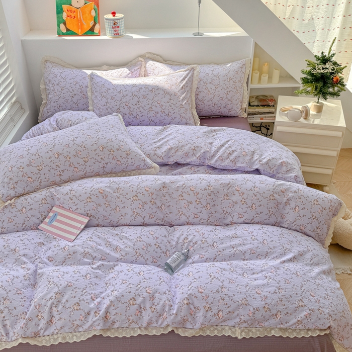 91家纺网 家纺一手货源 找家纺 温眠家纺 2025直播新款云感双层纱镂空花边四件套 花漫