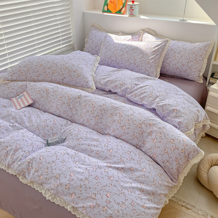 91家纺网 家纺一手货源 找家纺 温眠家纺 2025直播新款云感双层纱镂空花边四件套 花漫