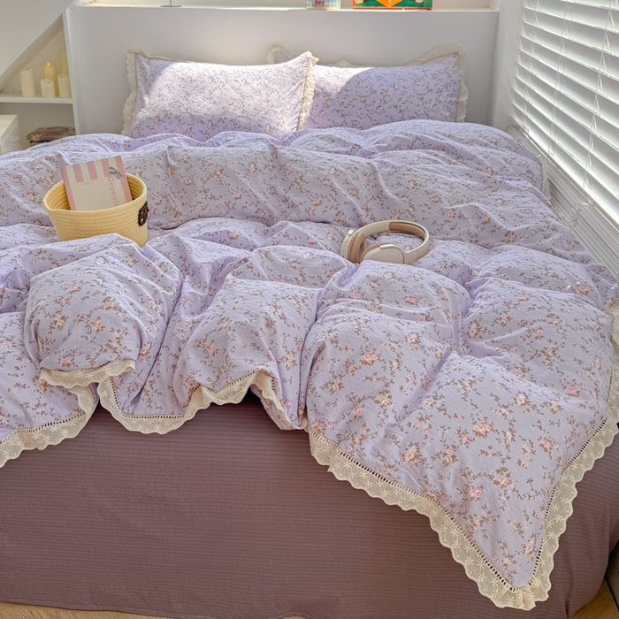 91家纺网 家纺一手货源 找家纺 温眠家纺 2025直播新款云感双层纱镂空花边四件套 花漫