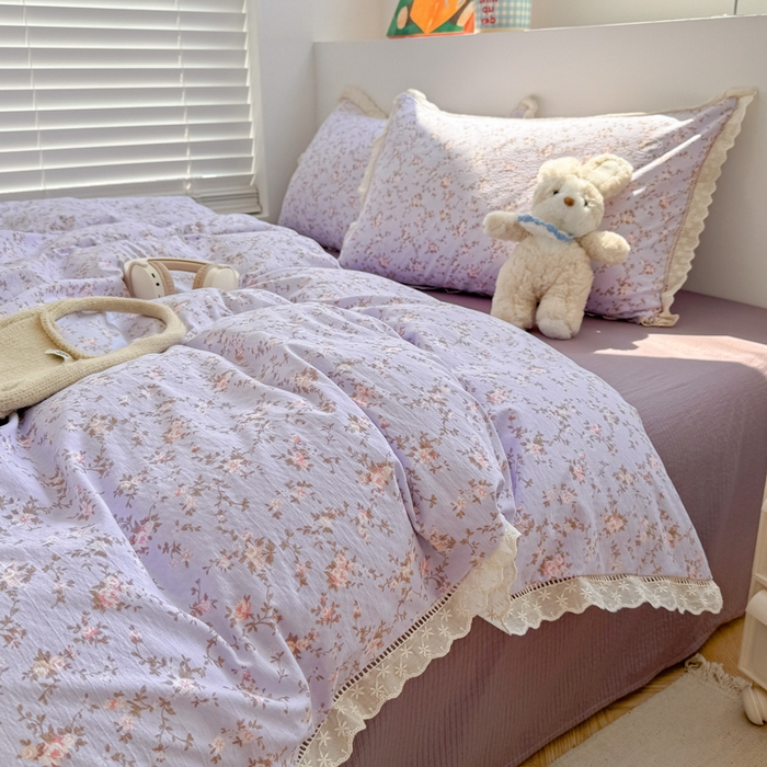 91家纺网 家纺一手货源 找家纺 温眠家纺 2025直播新款云感双层纱镂空花边四件套 花漫